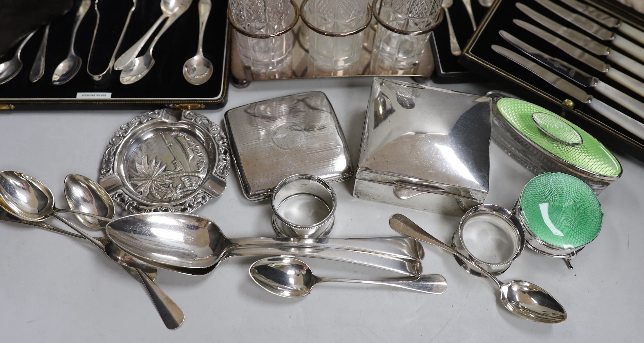 A pair of George III tablespoons, London 1804,a silver and enamel trinket box, Birmingham, 1929, diameter 59mm and other silver and plated items.